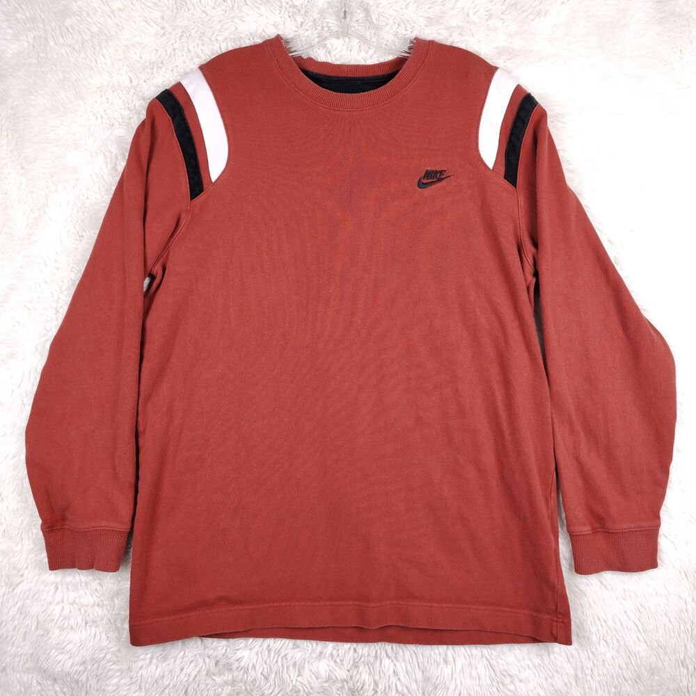 Vtg Nike Crewneck Sweatshirt Large Red Small Swoosh Y2K 2004 Shoulder Stripe OG